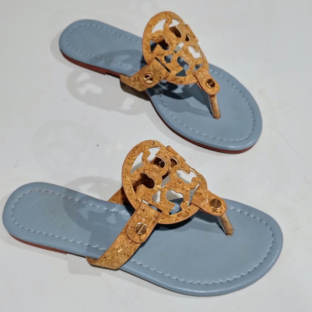 Tory Burch Cork Logo Thong Sandals with Light Blue Footbed